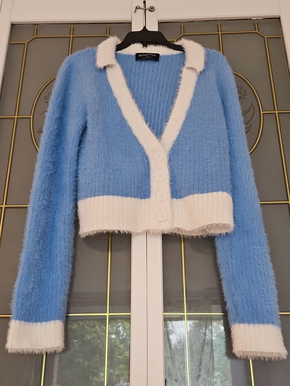 MINKPINK Powder Blue and White Fuzzy Cropped Cardigan